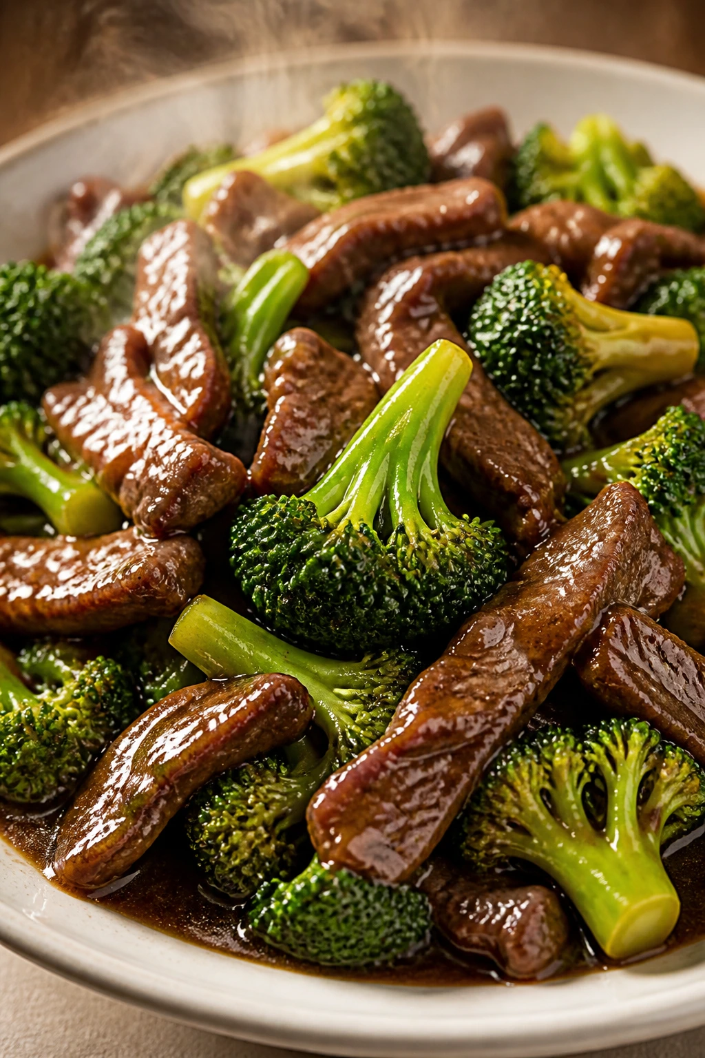 Beef and broccoli with glossy sauce on plate