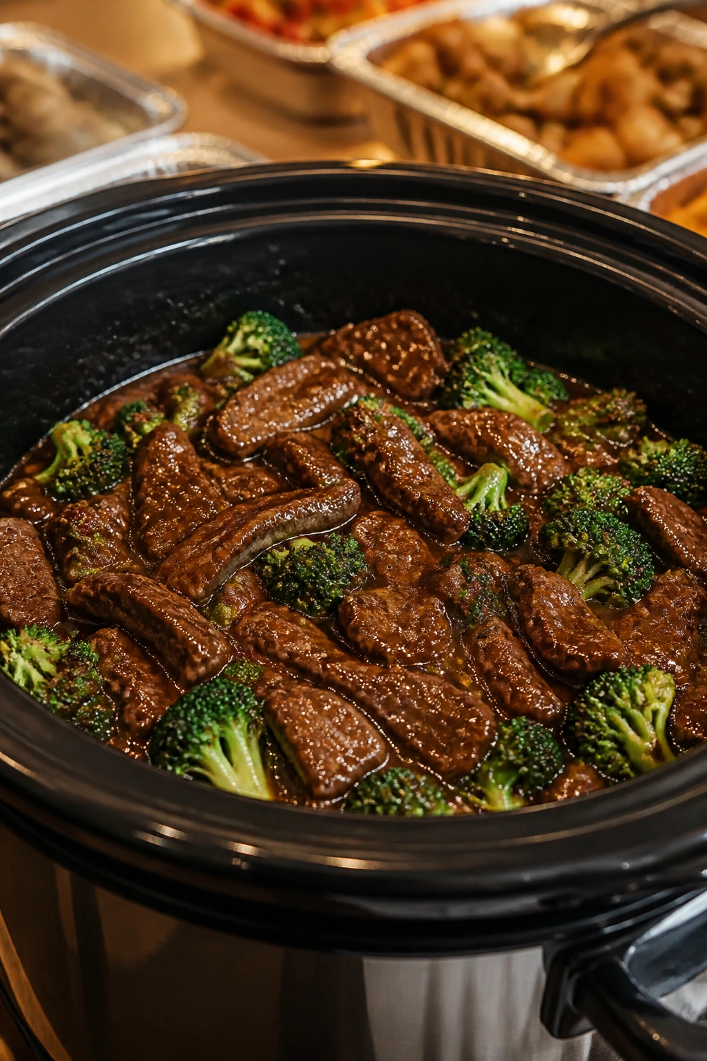 Slow cooker beef and broccoli in a crock for buffet serving