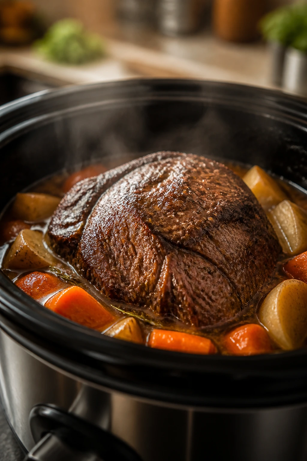 Close-up of beef roast in a slow cooker with steam