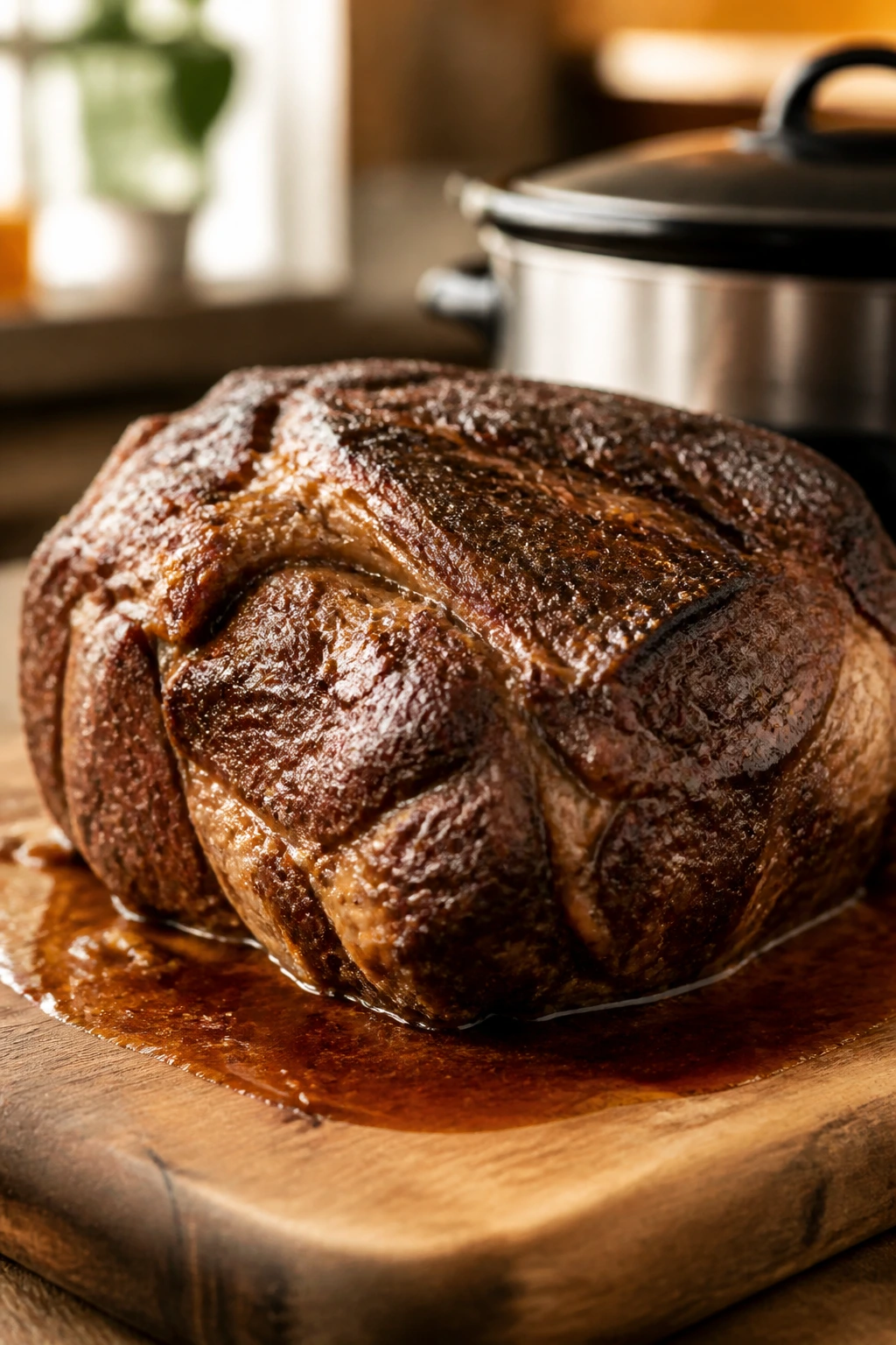 Close-up of marbled chuck roast with crust and juices in a warm kitchen setting