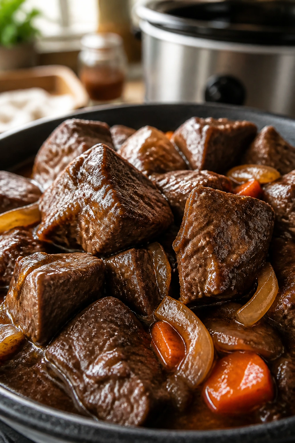 Close-up of slow-cooked beef chunks in glossy sauce with a warm kitchen backdrop