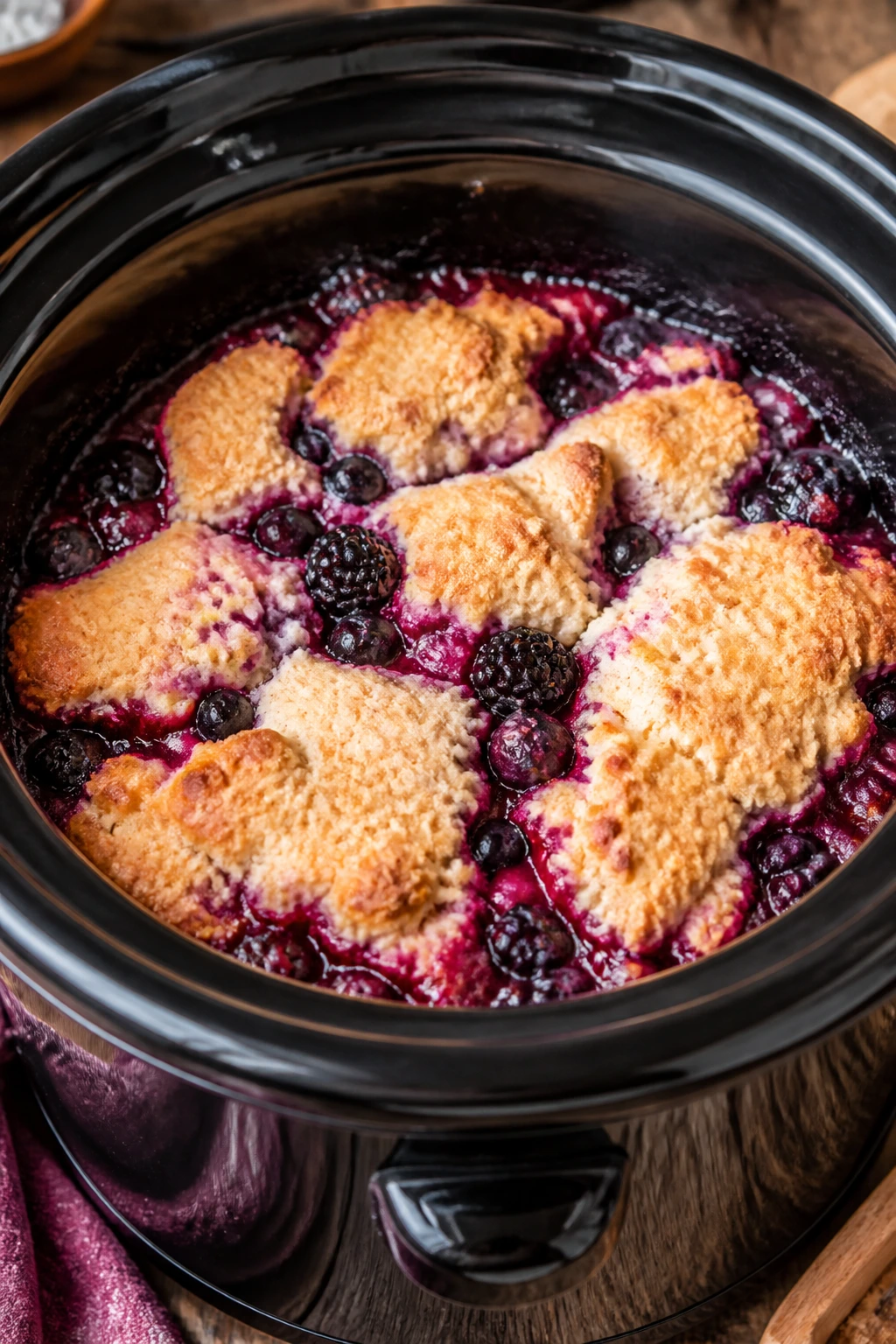 Berry cobbler bubbling in a slow cooker on a warm kitchen counter
