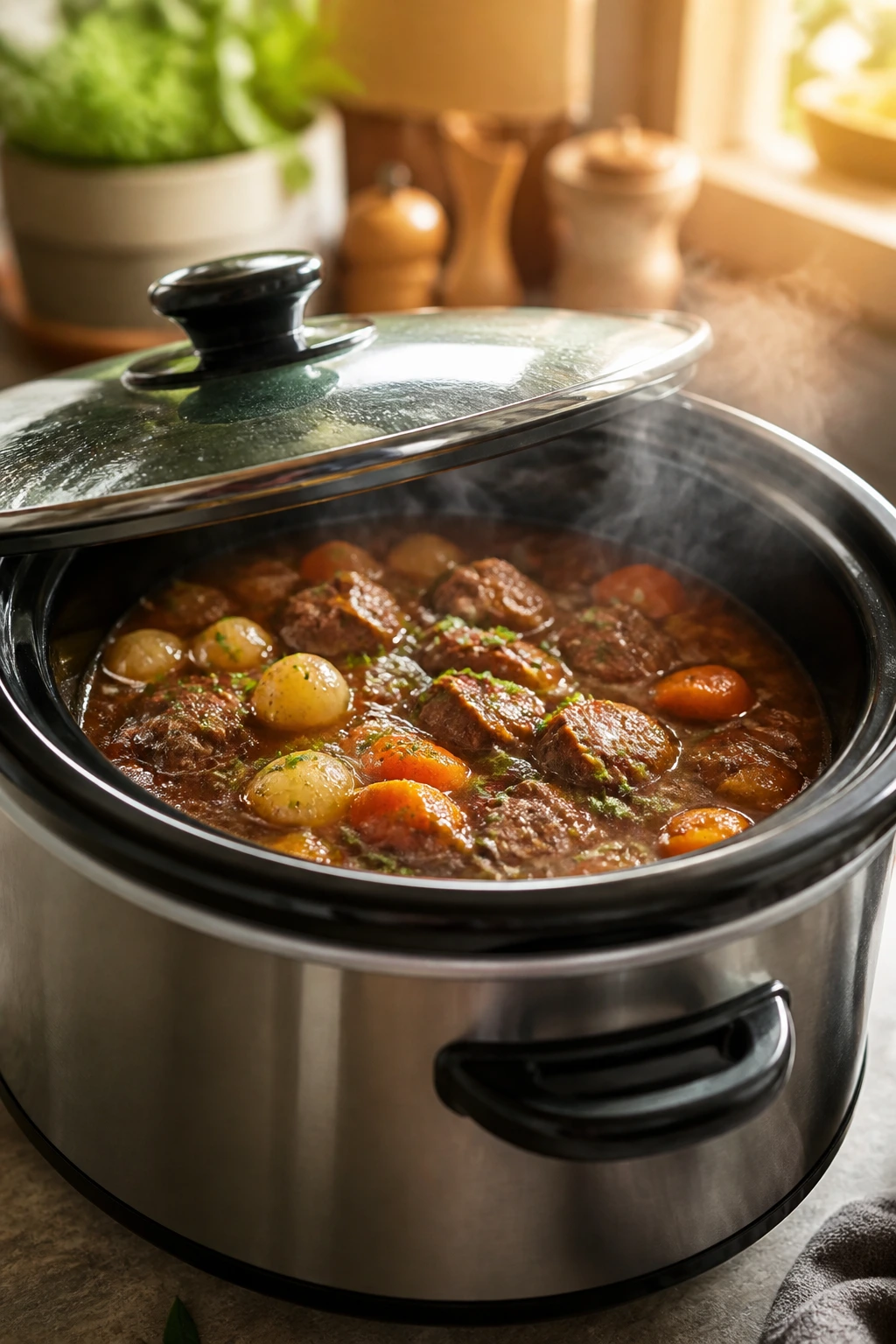 Slow cooker on a kitchen counter with steaming stew
