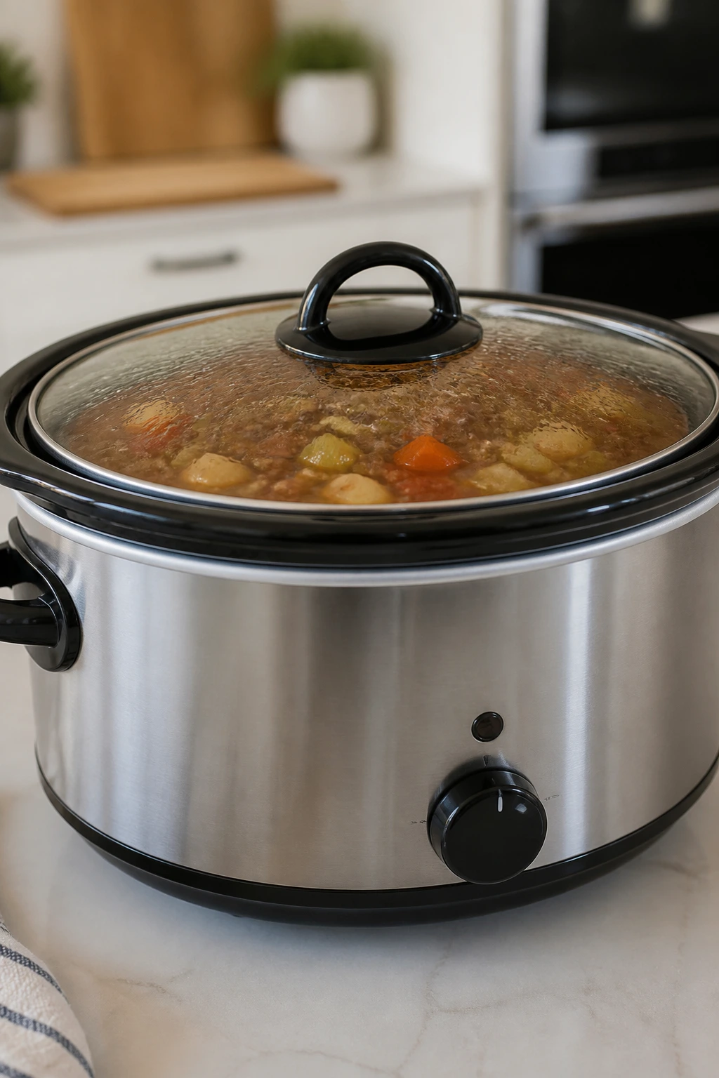 Close-up of a slow cooker in a warm kitchen as the star of a big soup day