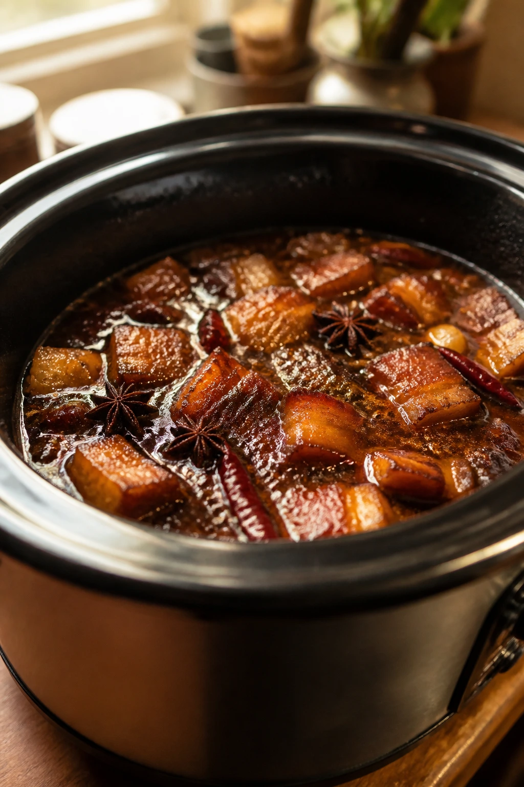 Close-up of bubbling braise in a slow cooker insert with lid off