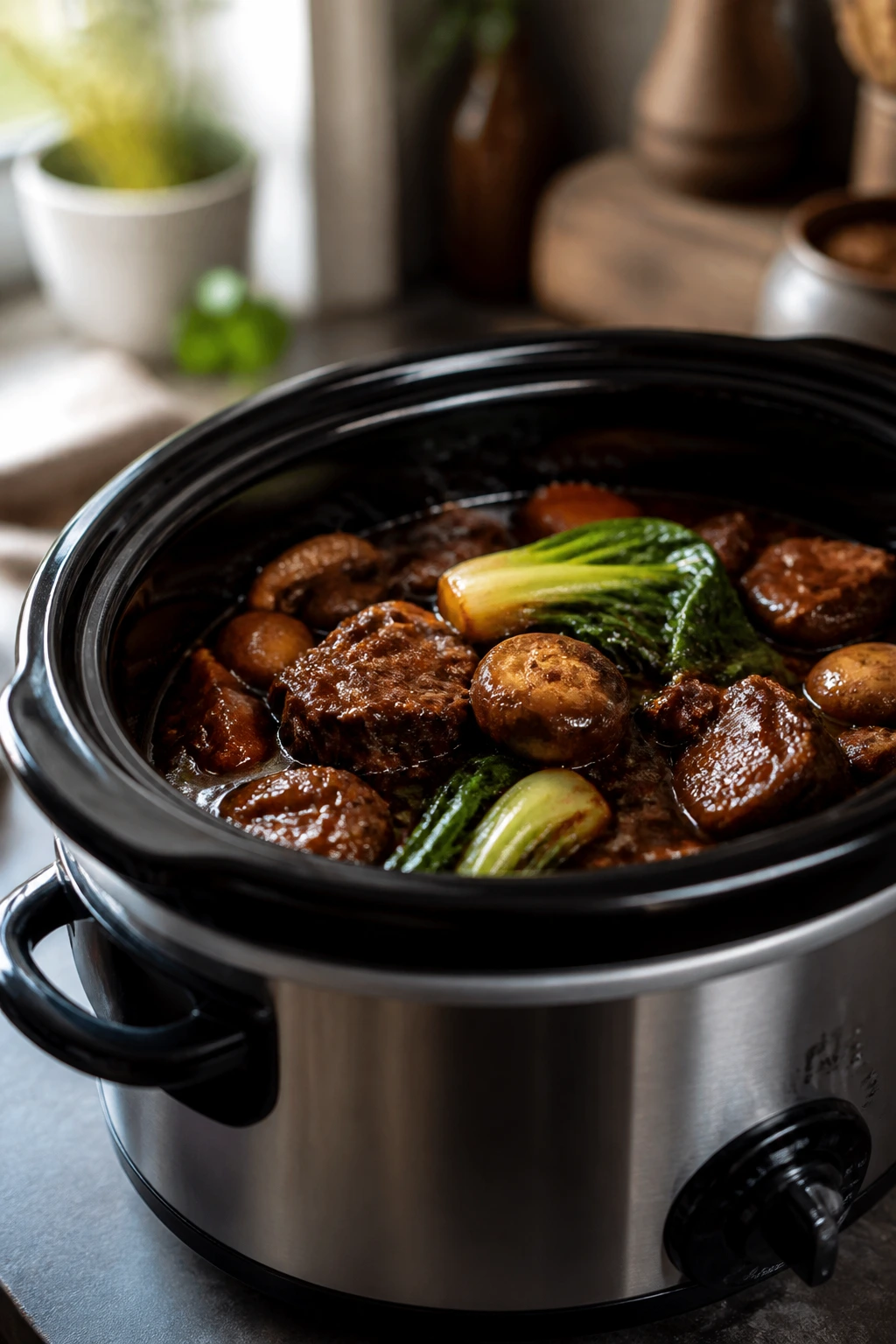 Slow cooker with braised contents inside