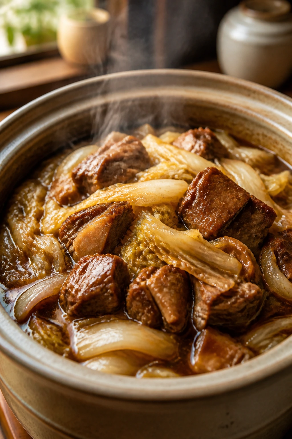 Close-up of glossy slow-cooker braise with meat and napa cabbage steaming.