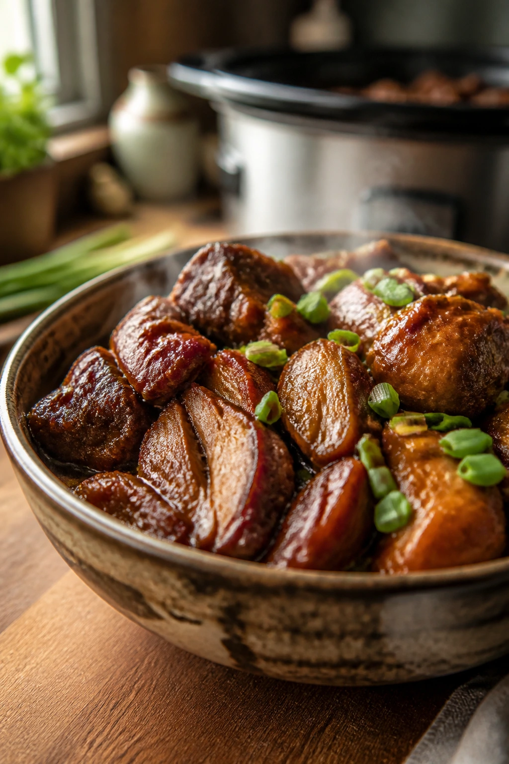 Close-up of glossy braised pork shoulder and chicken thighs in a rich sauce in a rustic bowl