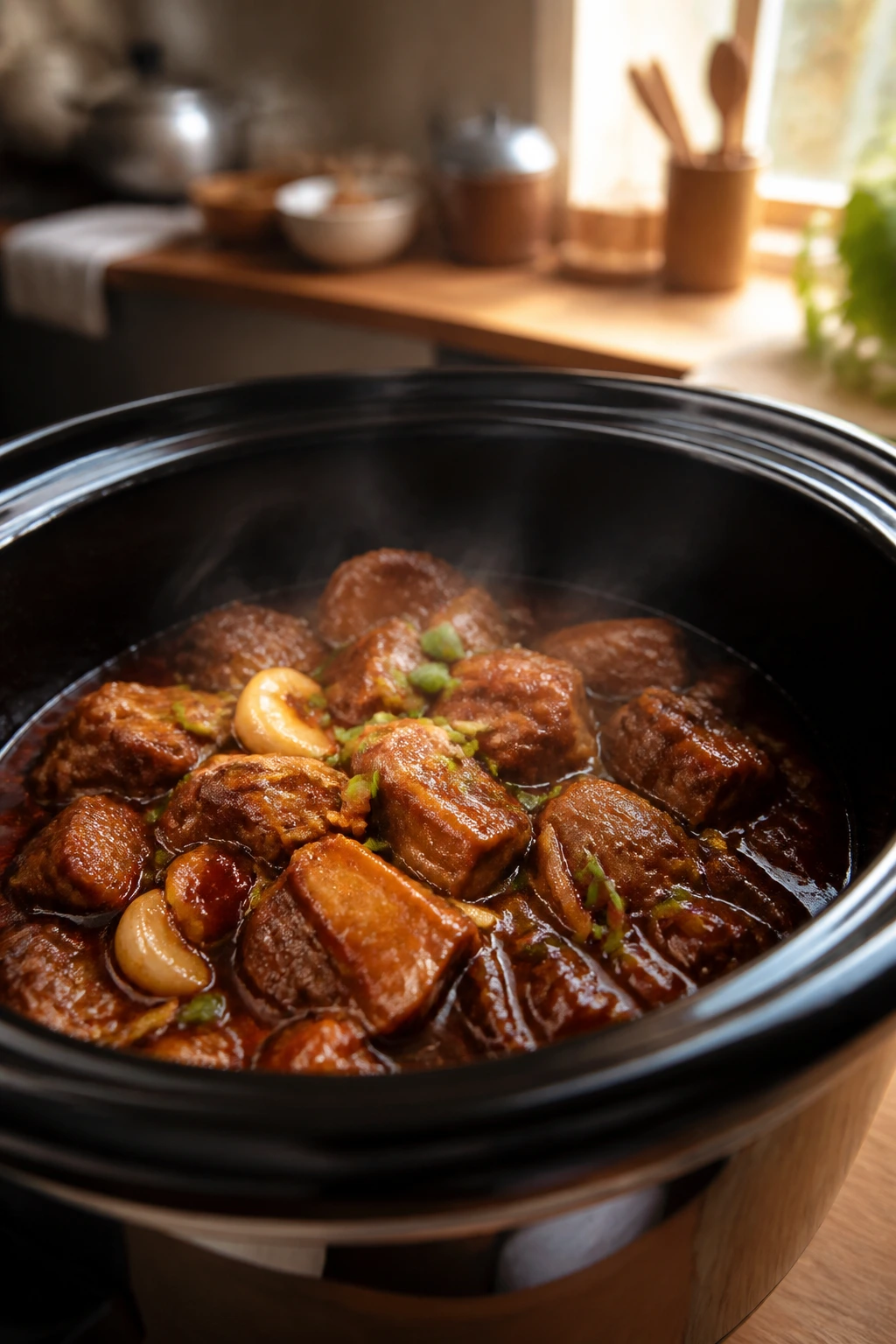 Close-up of slow cooker braise with meat in glossy soy sauce in a warm kitchen