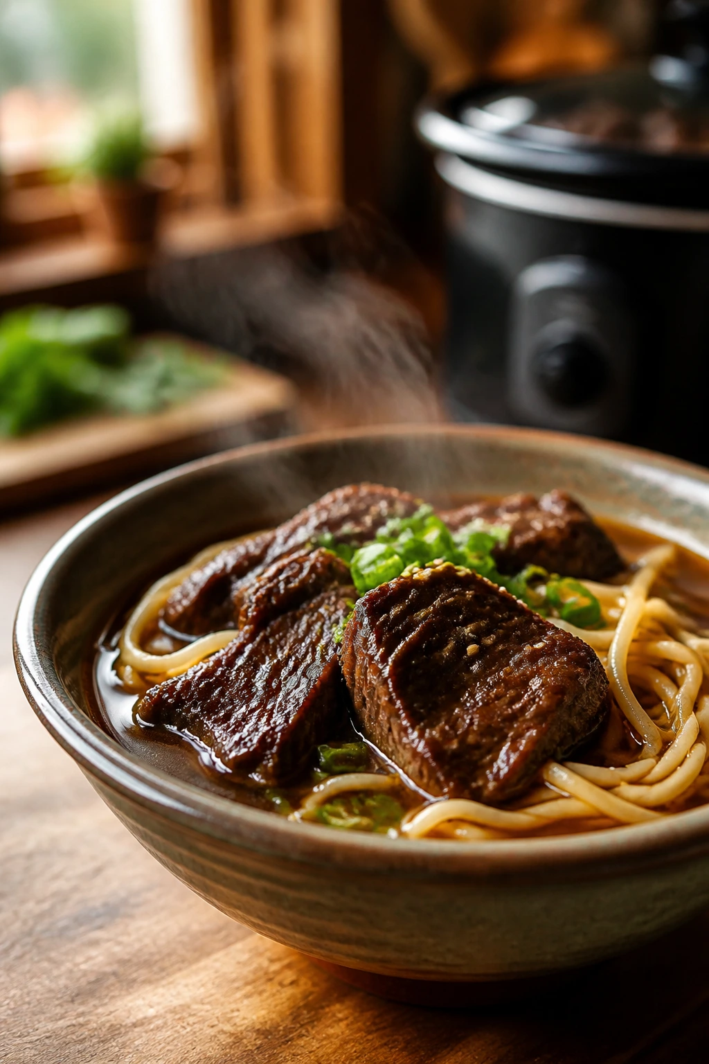 Close-up of a steaming braised beef and noodle bowl in a glossy ceramic dish on a warm kitchen counter.