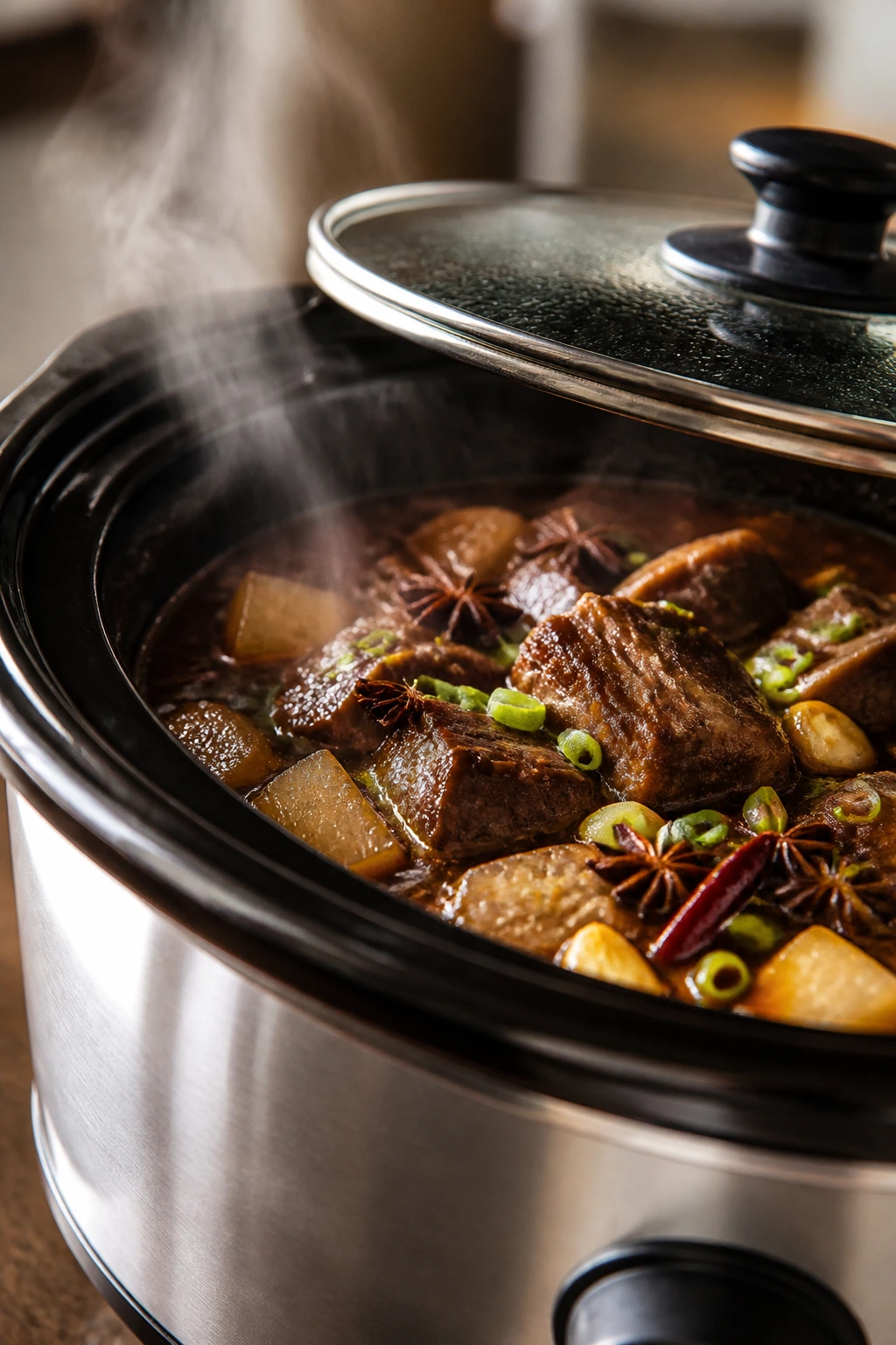 Slow cooker with braising contents visible through the glass lid