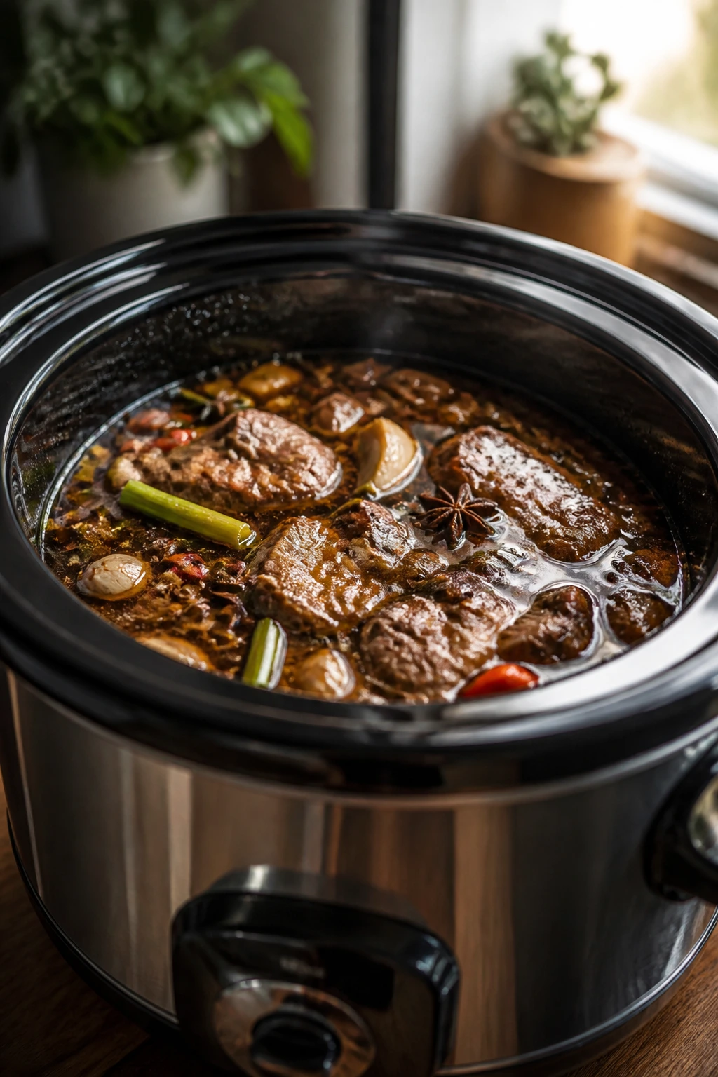 Close-up of a slow cooker in a cozy kitchen with braising liquid