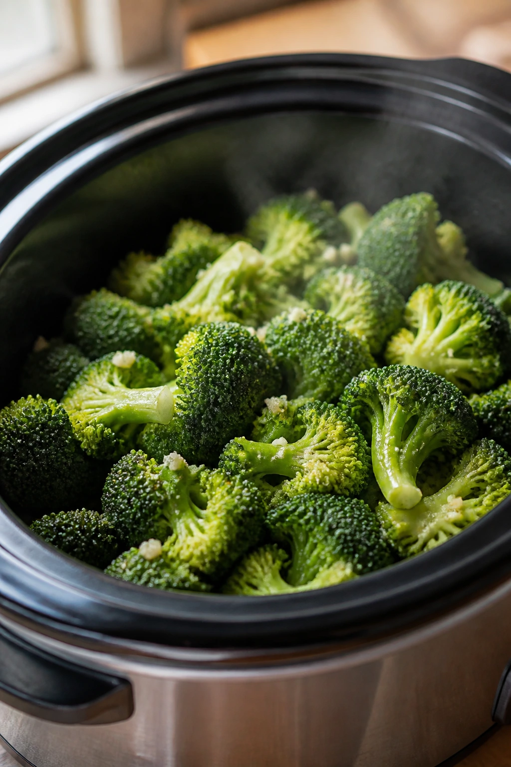 Close-up of bright broccoli in a slow cooker with butter-garlic glaze and steam