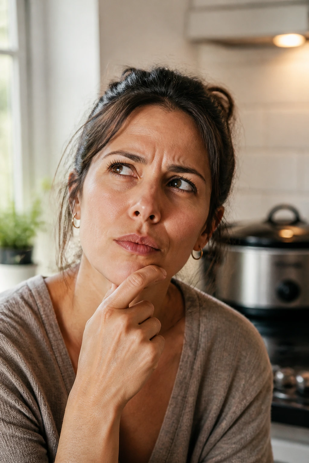 Real person portrait pondering slow cooker carnitas in kitchen.