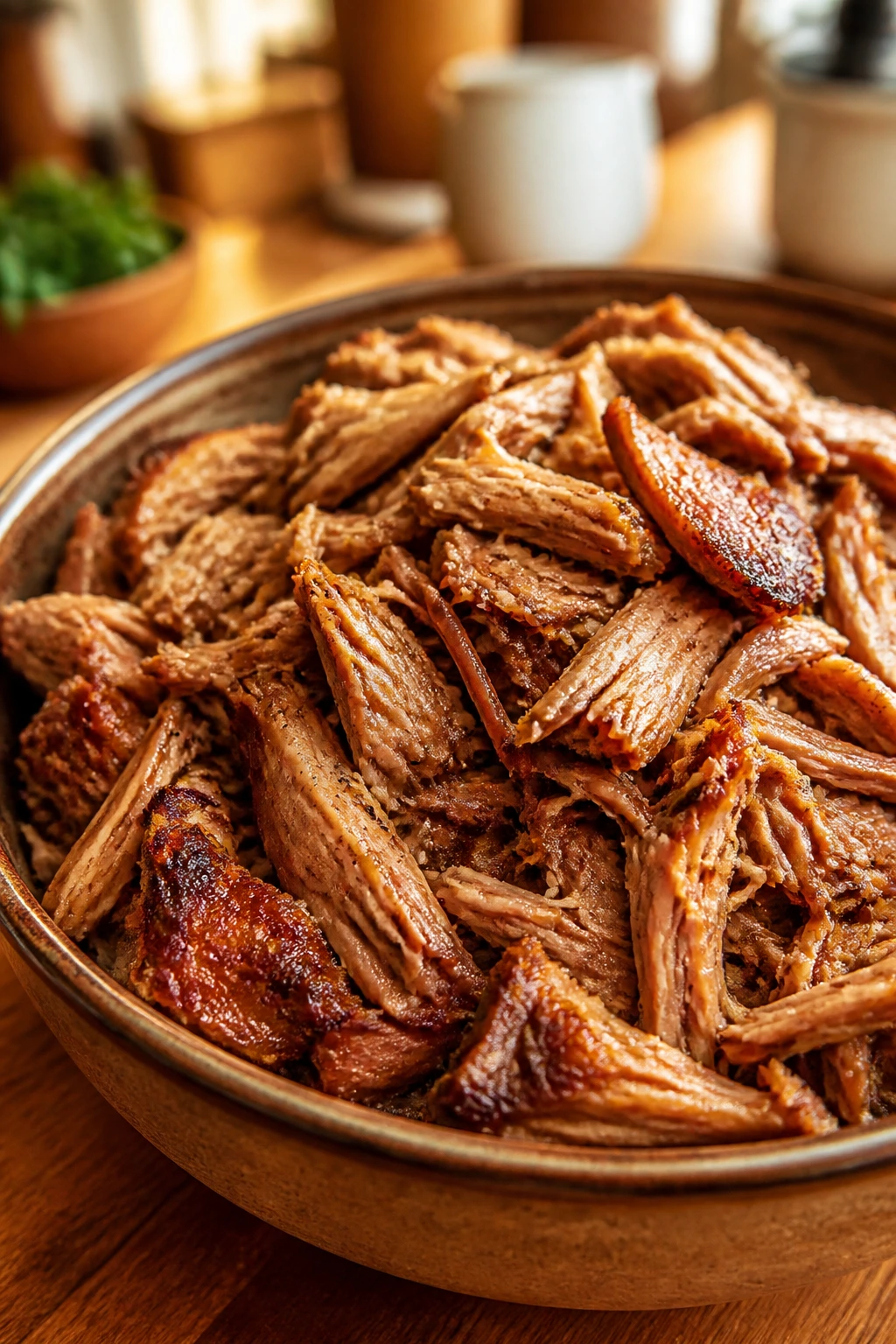 Close-up of shredded carnitas in a warm bowl in a kitchen