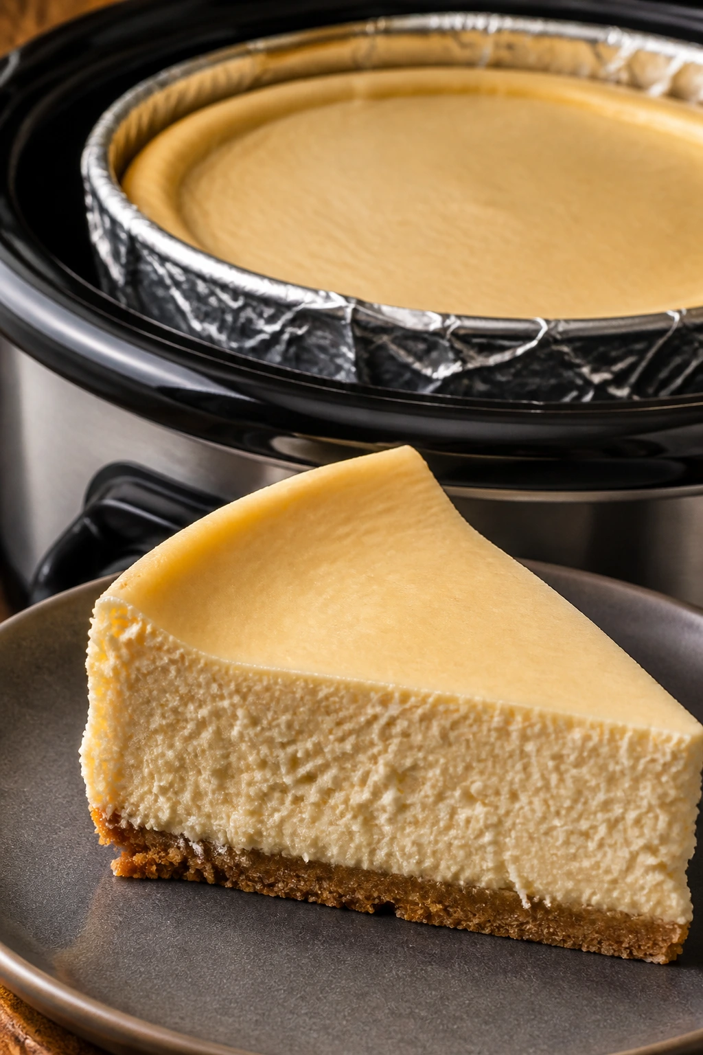 Creamy New York cheesecake slice on a plate with kitchen background