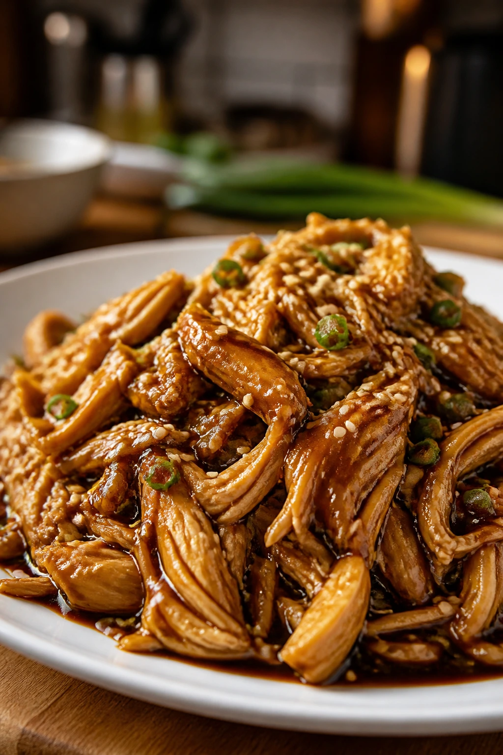 Close-up of glossy soy-ginger-hoisin glazed chicken on a plate