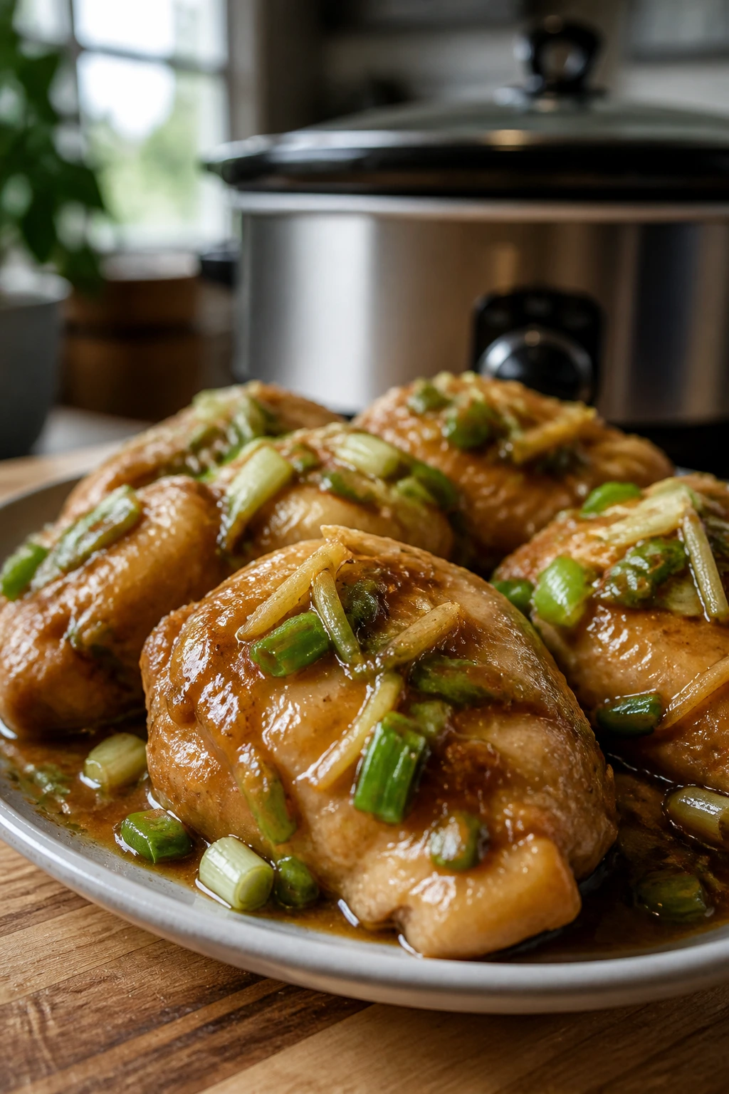 Close-up of Slow Cooker Ginger Scallion Chicken with tender thighs in glossy ginger scallion sauce