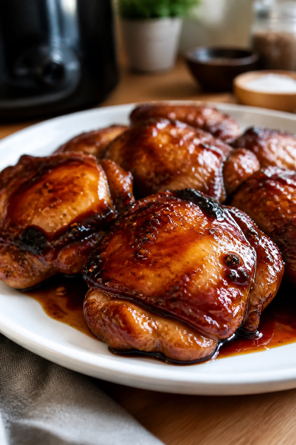 Close-up of glossy glazed chicken thighs with soy-honey-hoisin glaze on plate