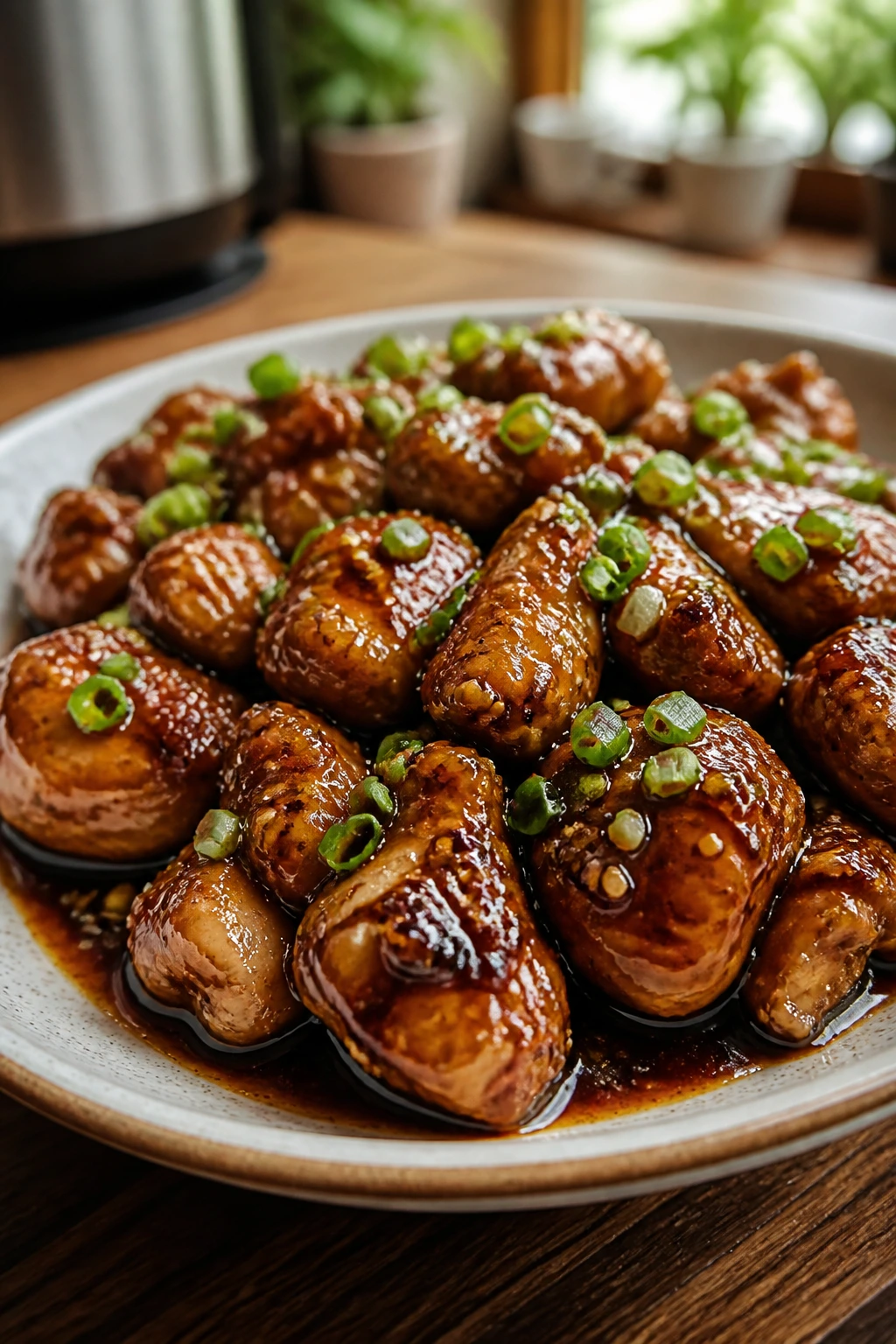 Close-up of boneless skinless chicken thigh in glossy sauce on a plate