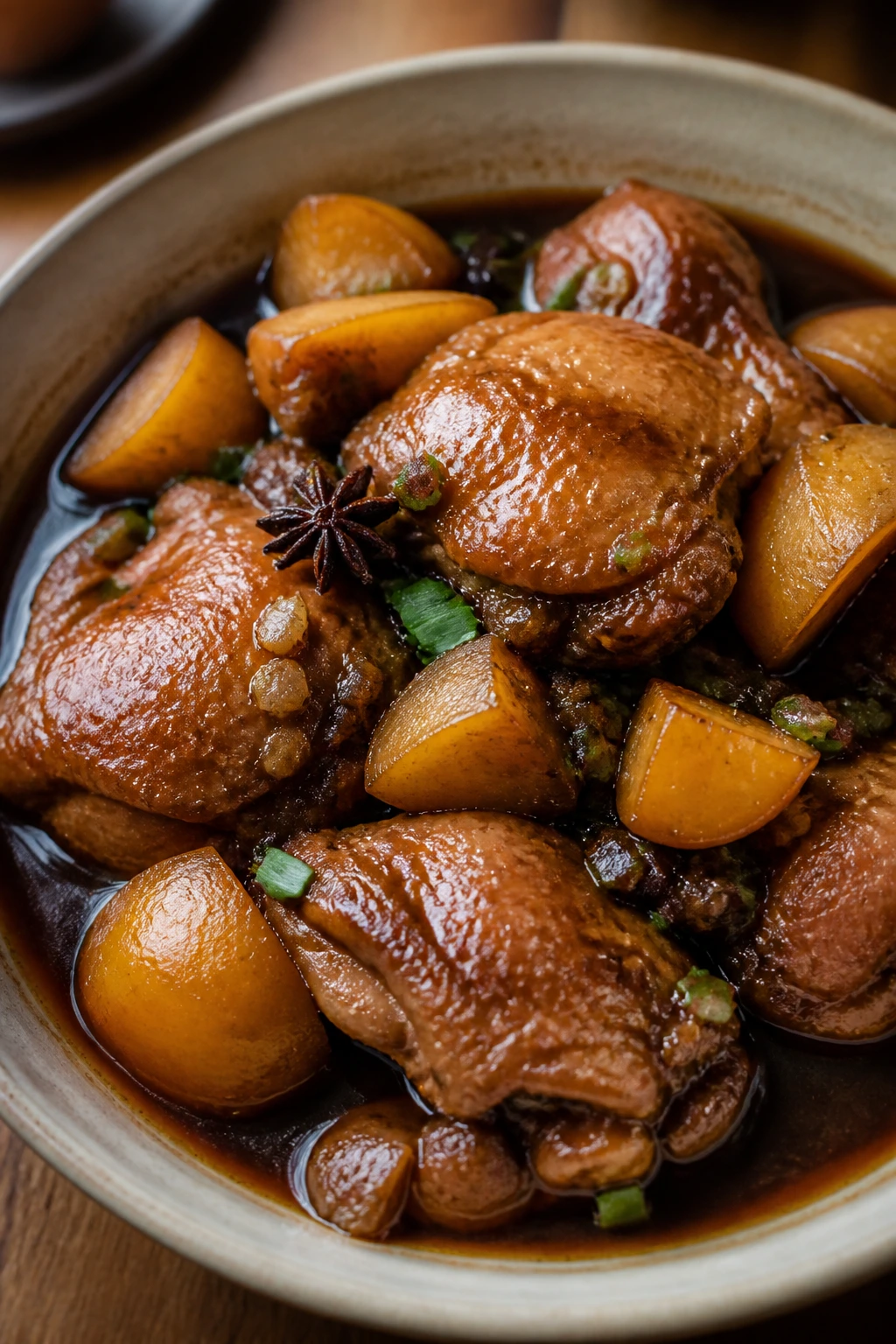 Close-up of chicken thighs and potatoes in braising sauce
