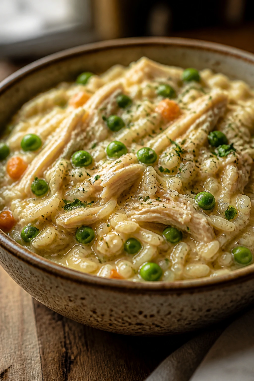 Close-up of a creamy chicken and rice dish with peas in a rustic bowl.
