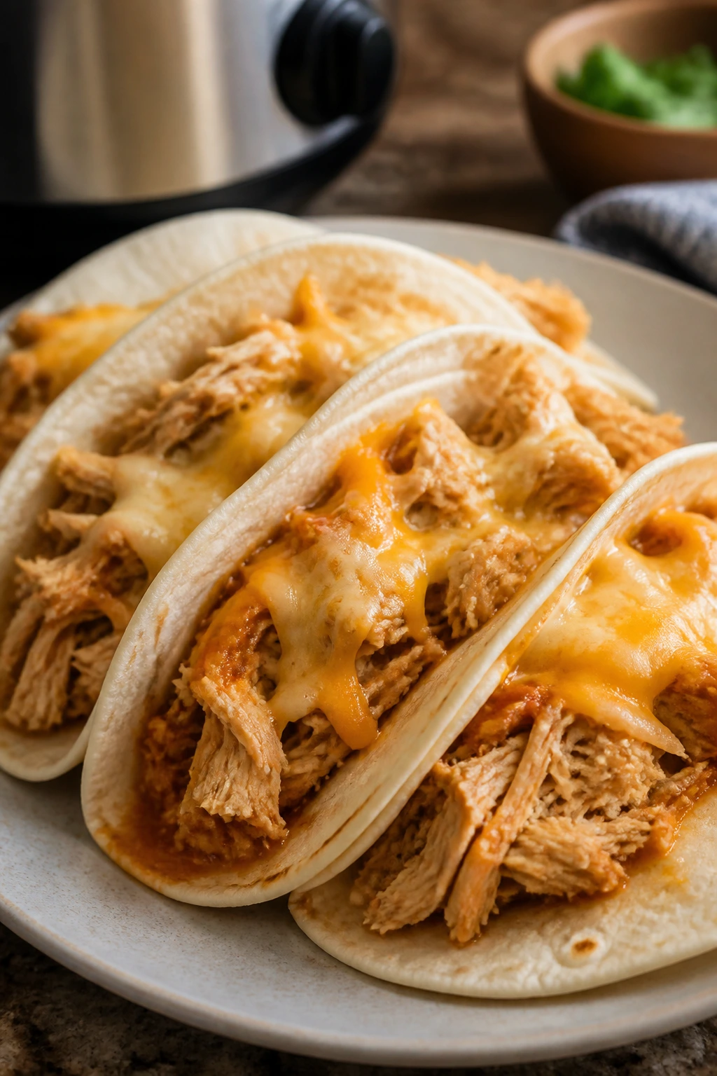 Tacos filled with shredded chicken on a plate