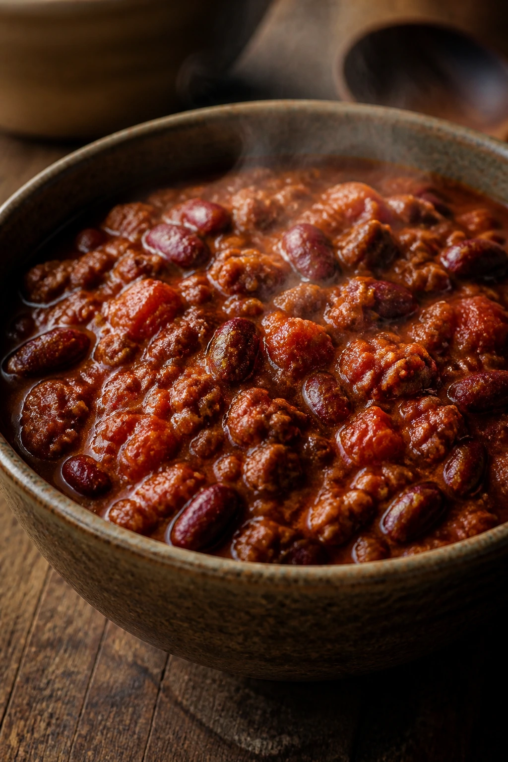 Hearty bowl of slow cooker chili on a wooden table