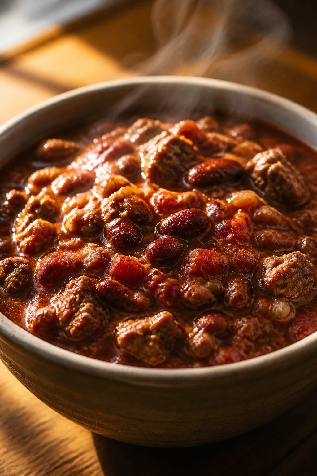 Close-up of steaming bowl of slow cooker chili in a cozy kitchen