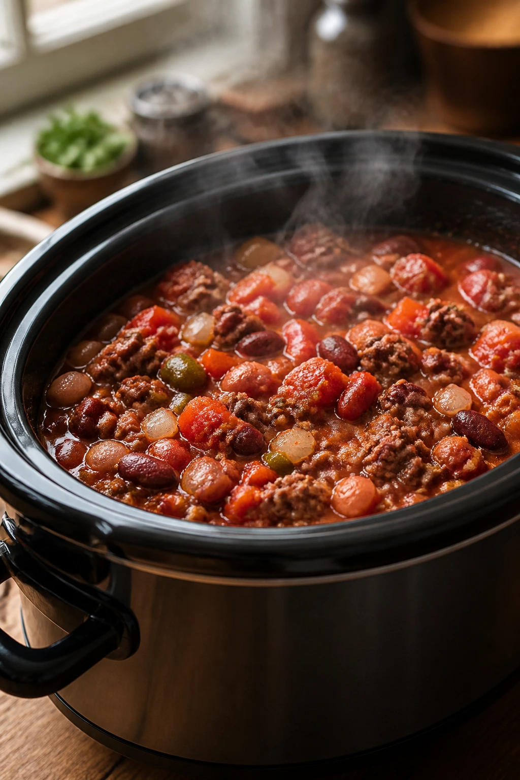 Slow cooker interior loaded with chunky beef chili and beans on a kitchen counter