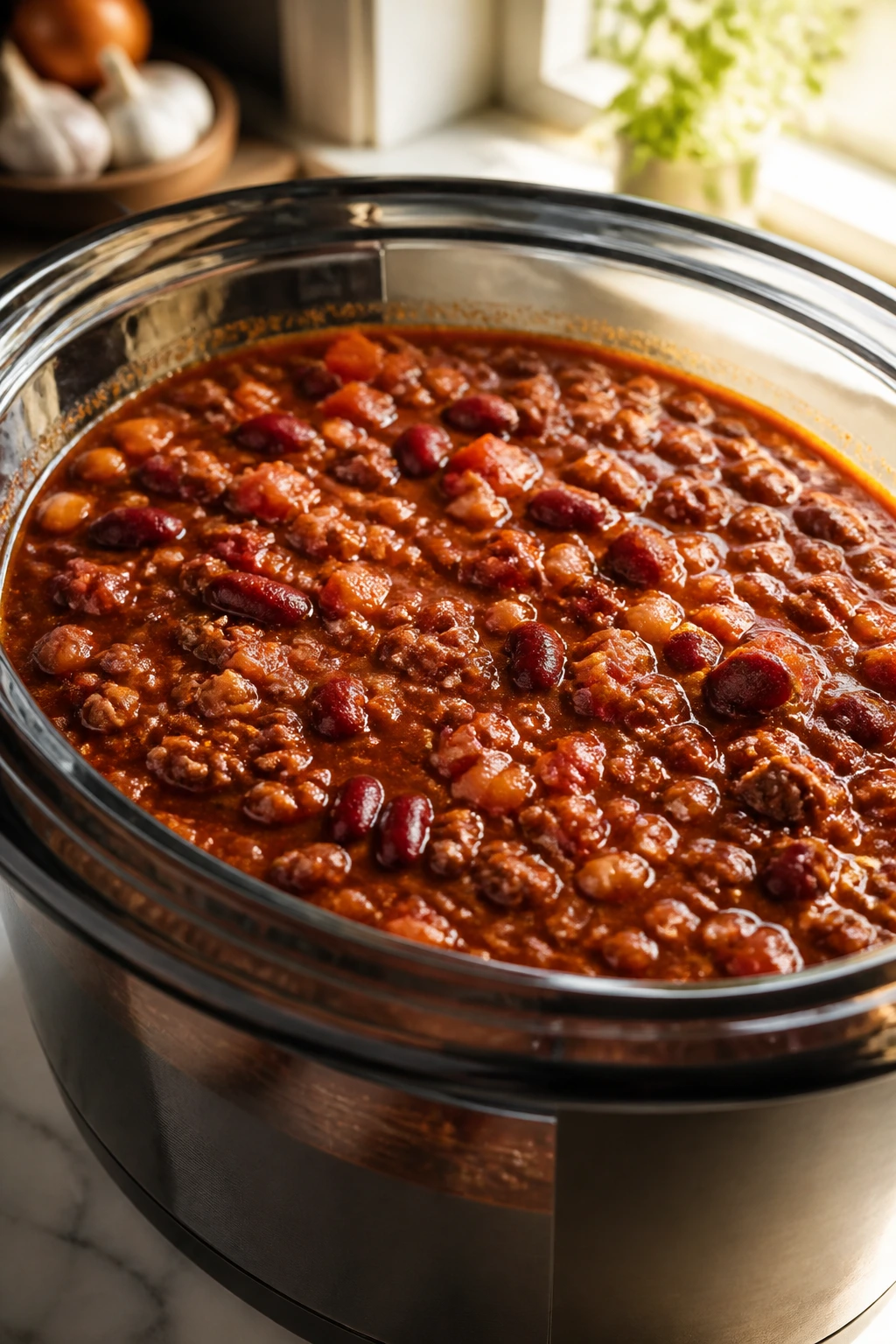 Close-up of a glass-insert slow cooker with hearty chili on a kitchen counter