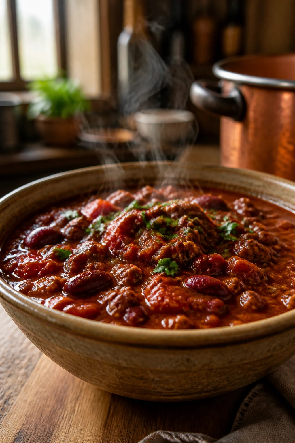 Close-up of thick chili in a rustic bowl with steam in a warm kitchen