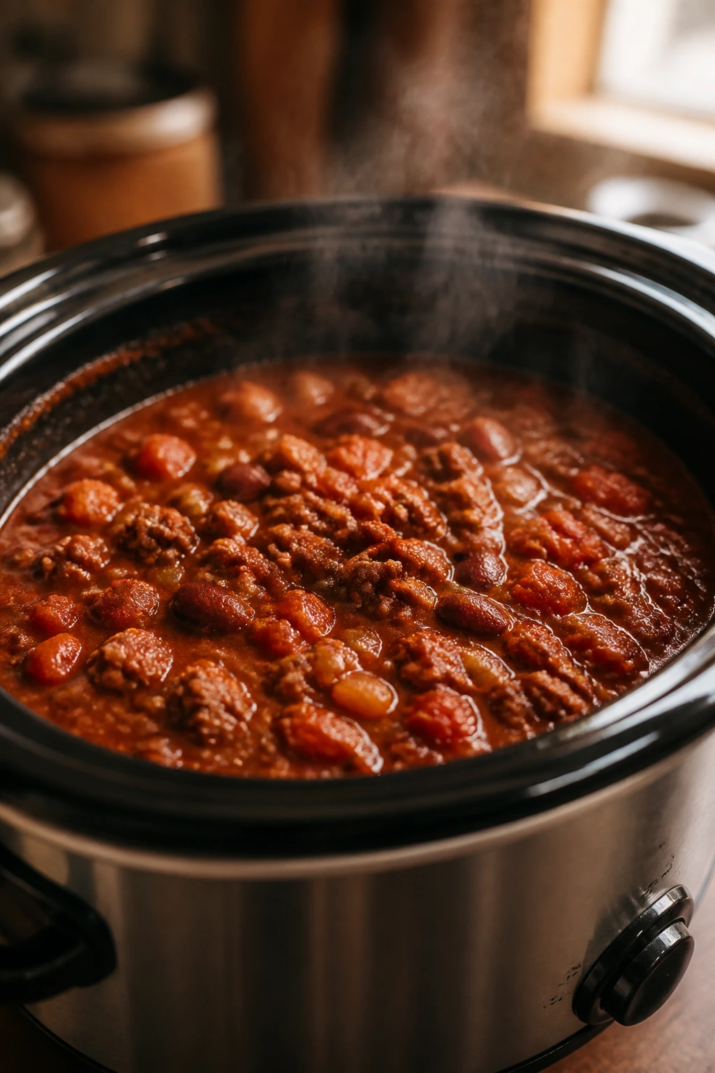 Chili in slow cooker insert with steam