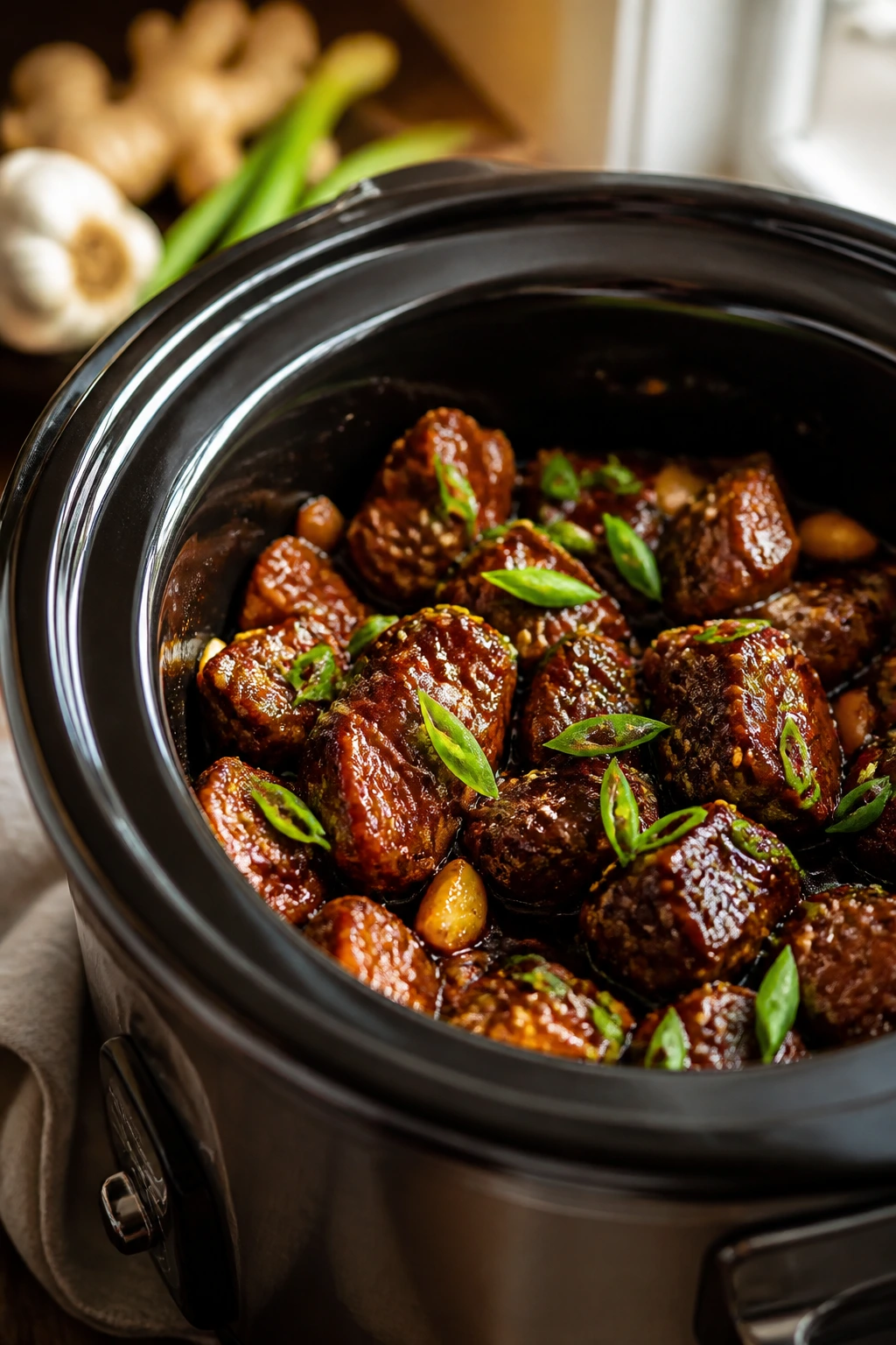 Close-up of glossy slow cooker sauce with tender meat pieces.