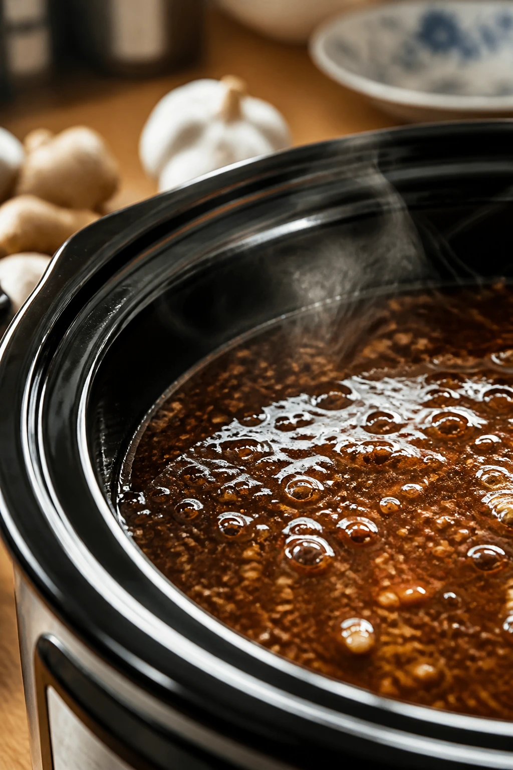 Slow cooker Chinese recipe sauce close-up in warm kitchen