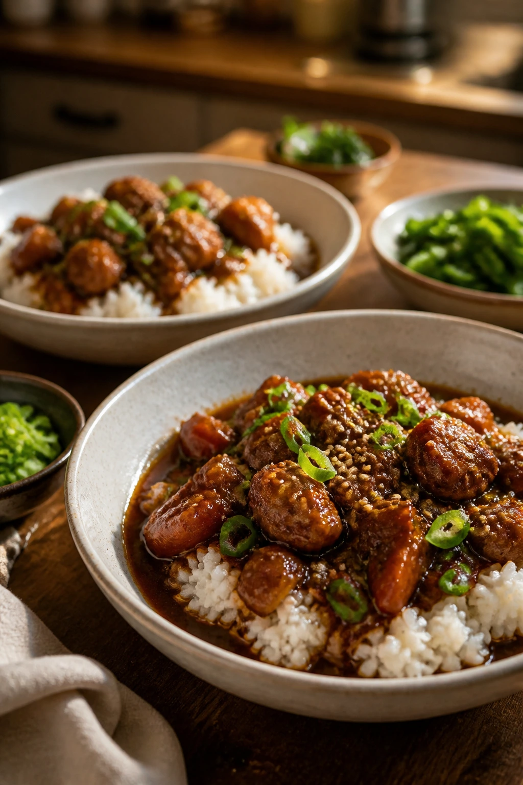 Close-up of saucy slow-cooker braise served in shallow bowls over jasmine rice with scallions and sesame.