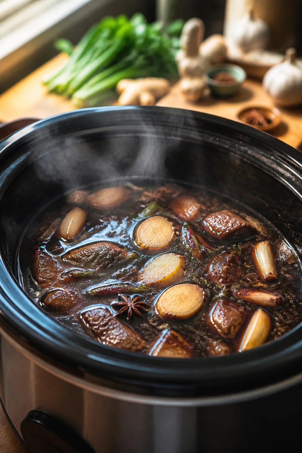 Slow cooker braising liquid with aromatics in kitchen