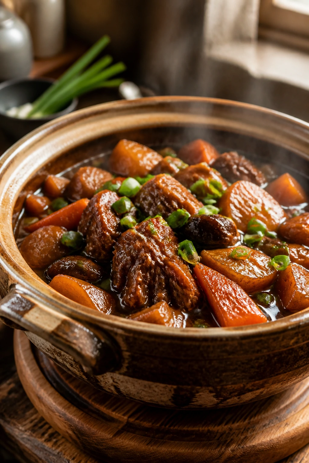 Close-up of glossy braised meat dish in a rustic pot