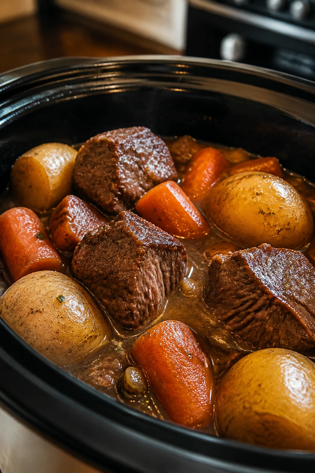 Close-up of chunky chuck roast, potatoes, and carrots inside a slow cooker.