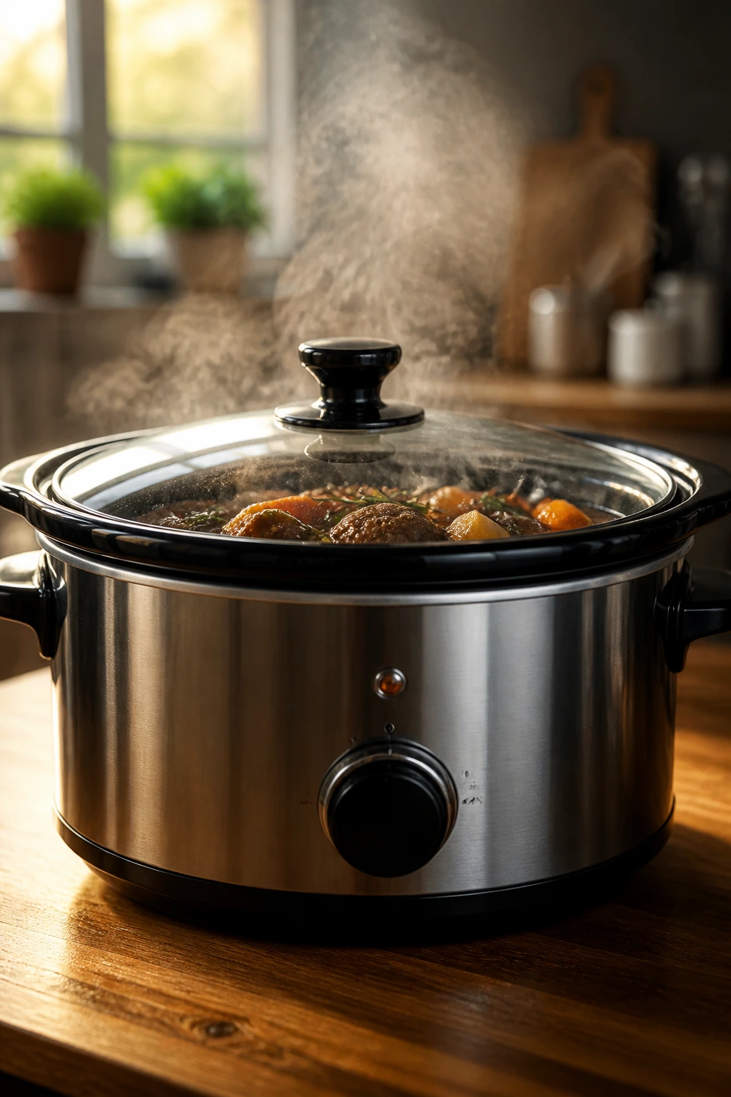 Slow cooker on kitchen counter with steam in a warm kitchen