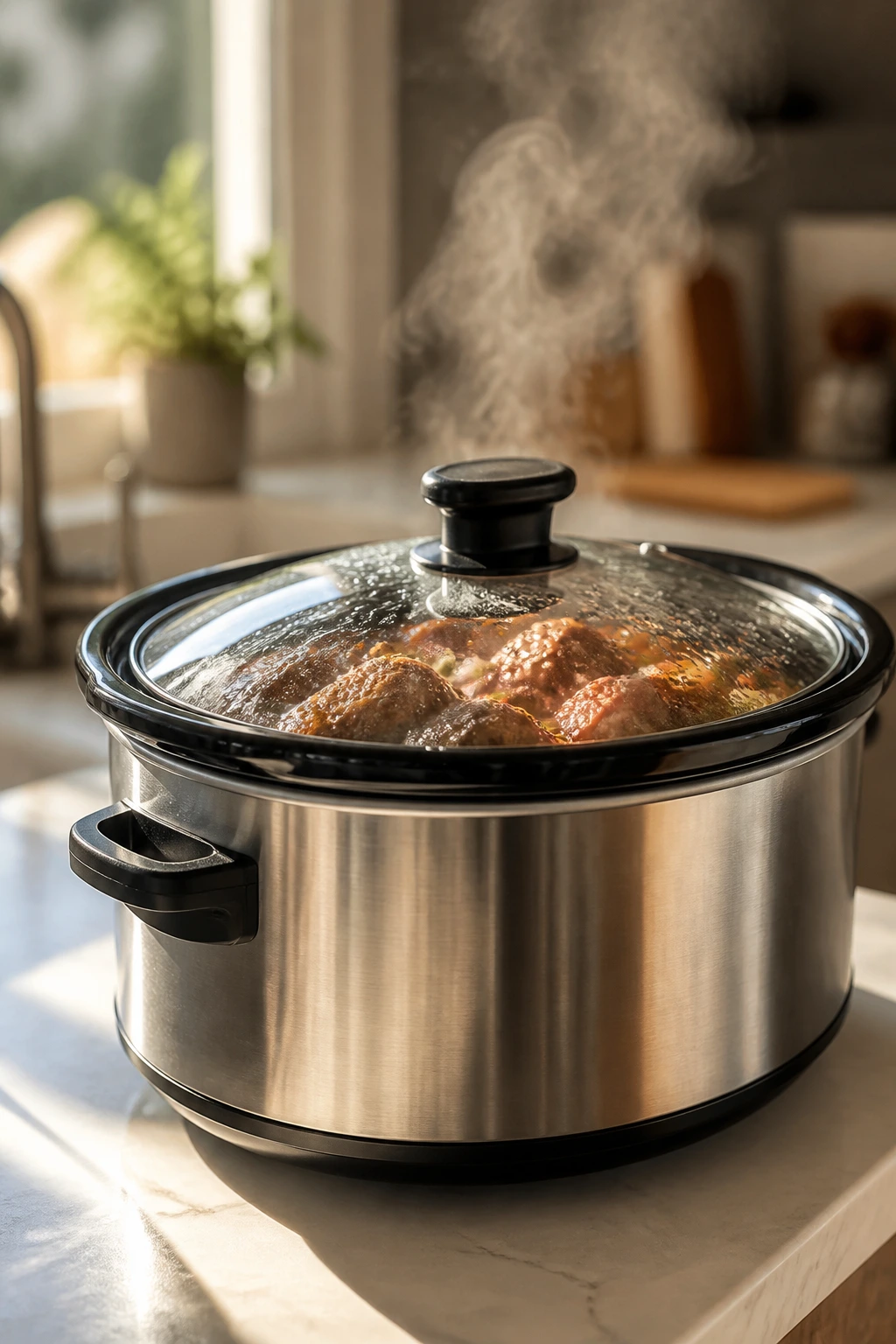 Close-up of a slow cooker on a clean kitchen counter illustrating counter space earned by summer crockpot collection.