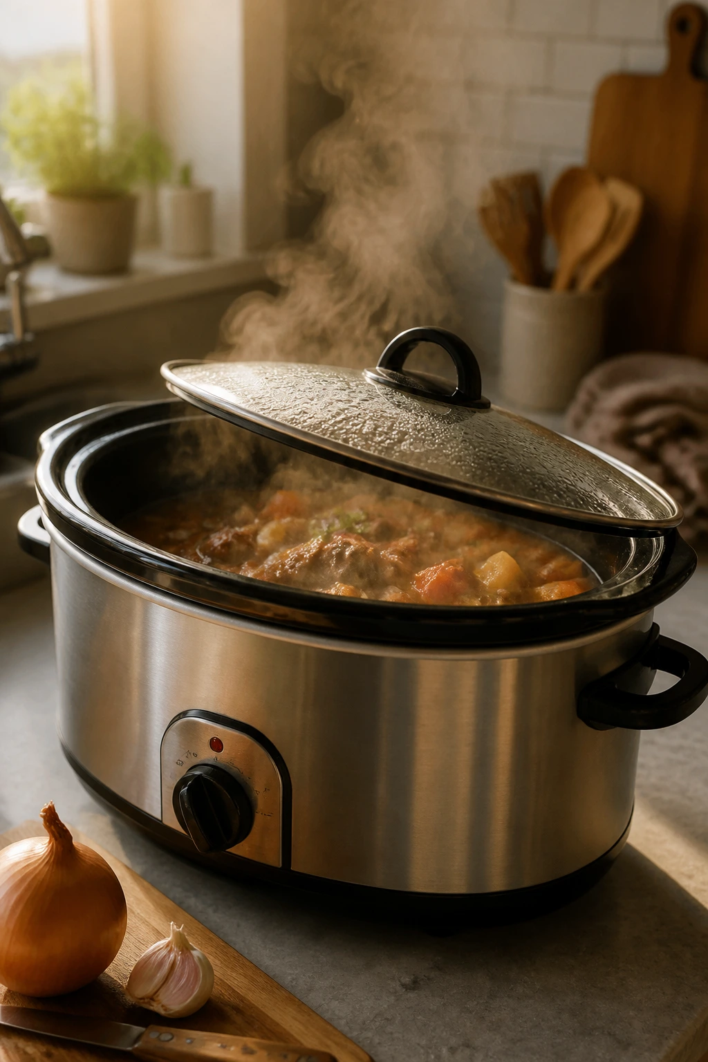 Slow cooker steaming in a cozy kitchen on a lazy Sunday