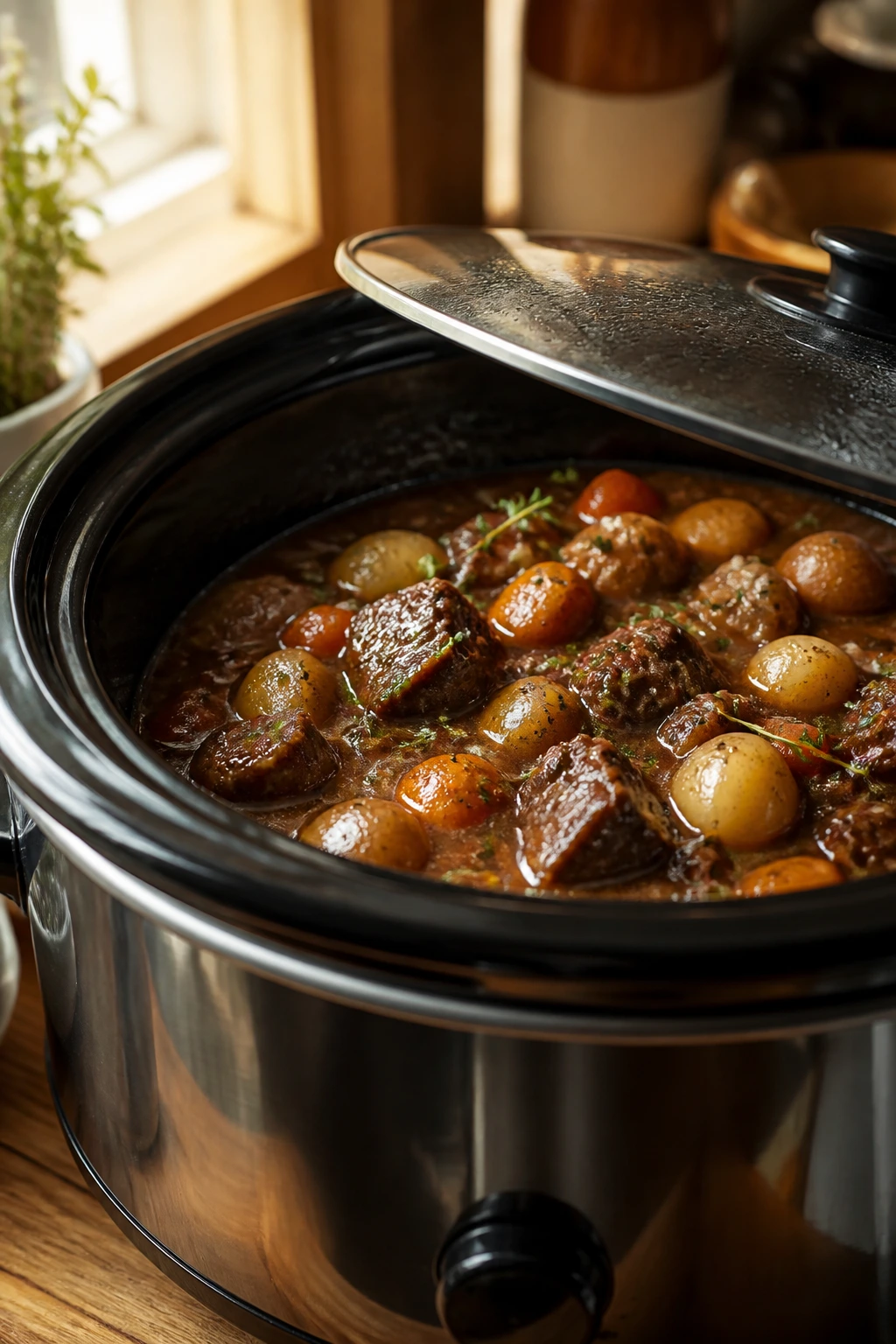 Close-up of a bubbling slow cooker with stew on a warm kitchen counter