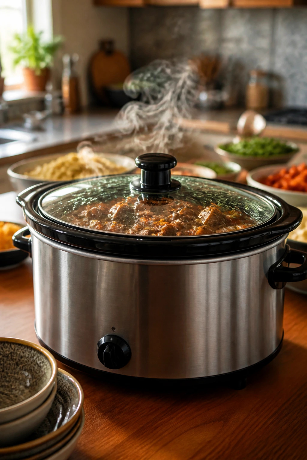 Slow cooker on kitchen island with steam rising in a warm kitchen