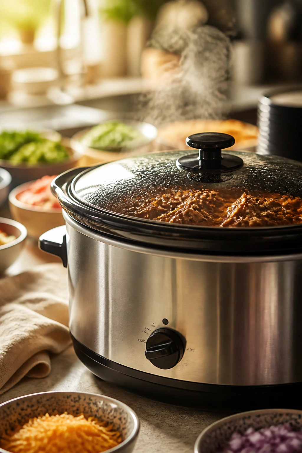 Close-up of a steaming slow cooker on a kitchen counter
