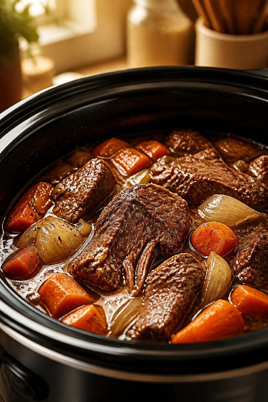 Close-up of a beef pot roast with carrots and onions in a bubbling slow cooker.