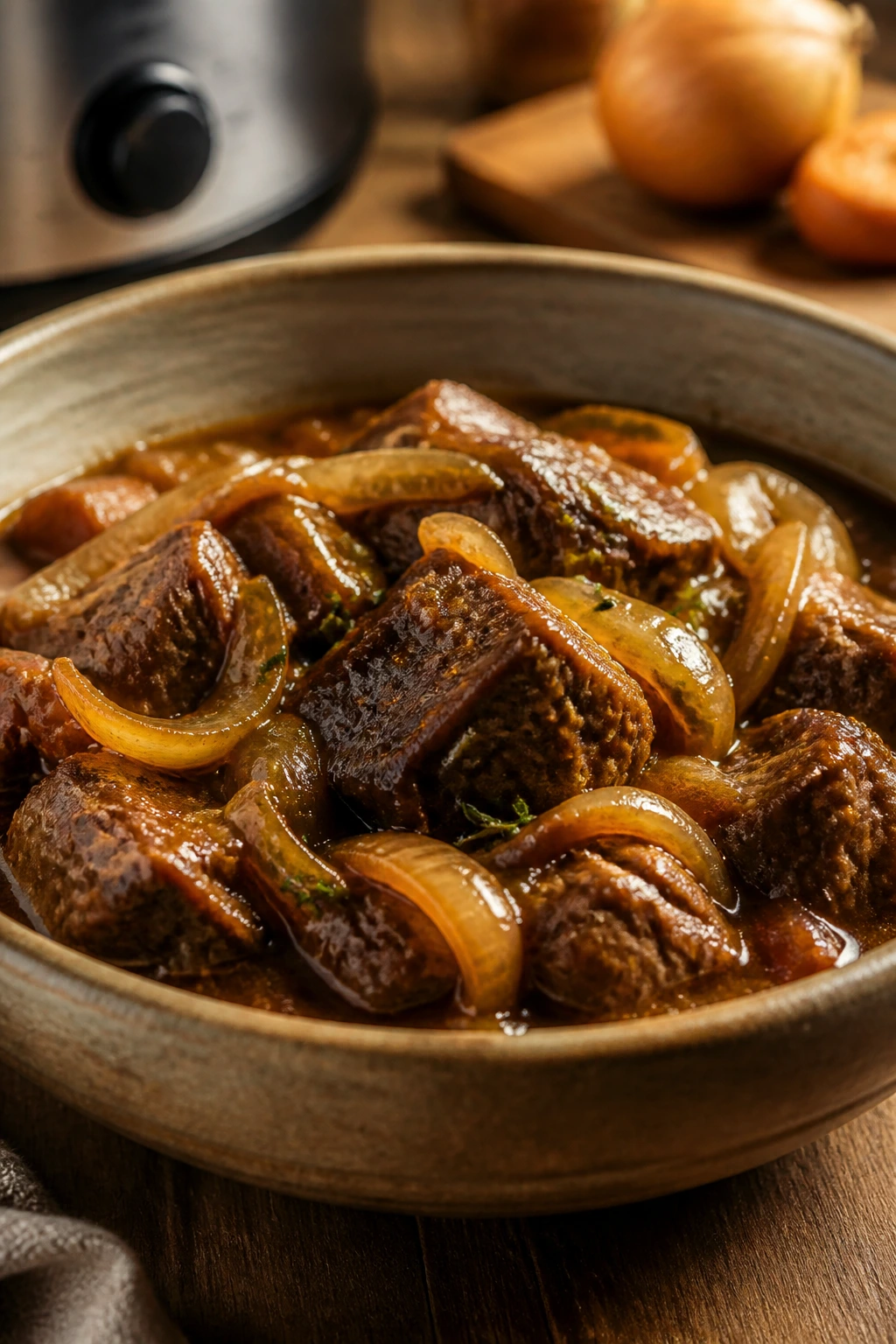 Close-up of ready-to-serve slow cooker dinner in rustic bowl with tender meat and onions in a glossy sauce, warm kitchen setting