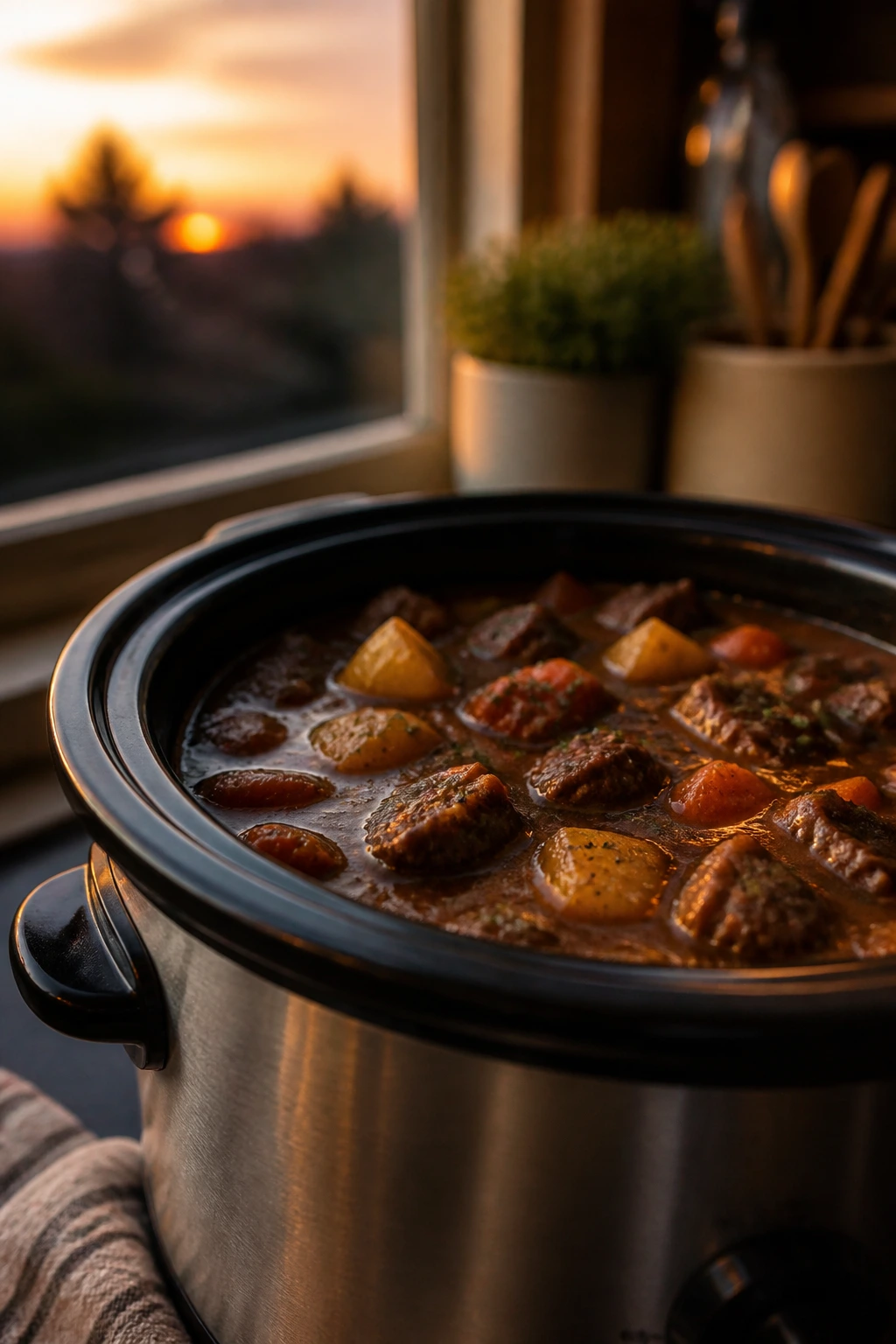 Slow cooker bubbling at dusk in a warm kitchen setting