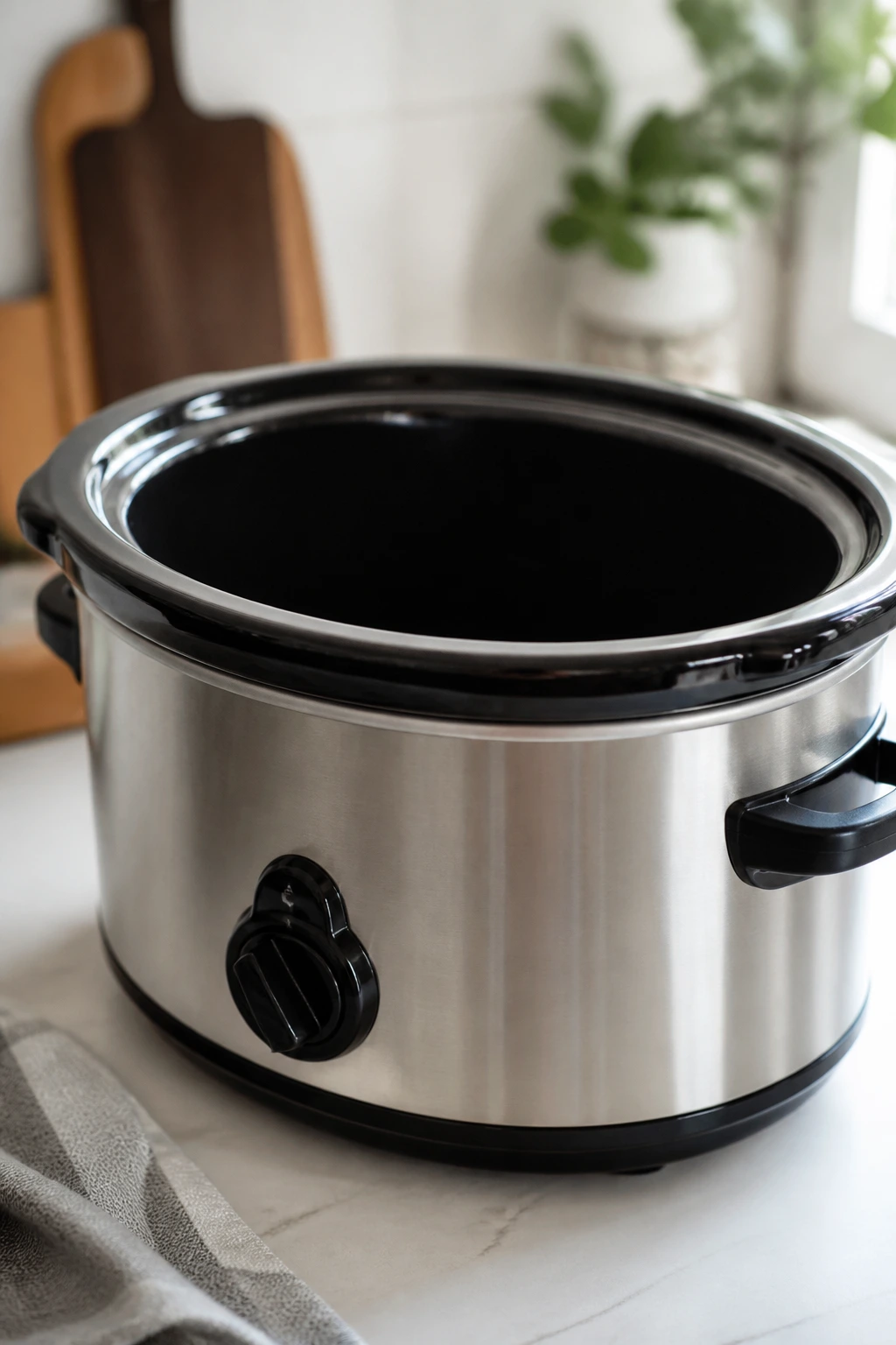 Close-up of a 6-quart slow cooker on a kitchen counter.