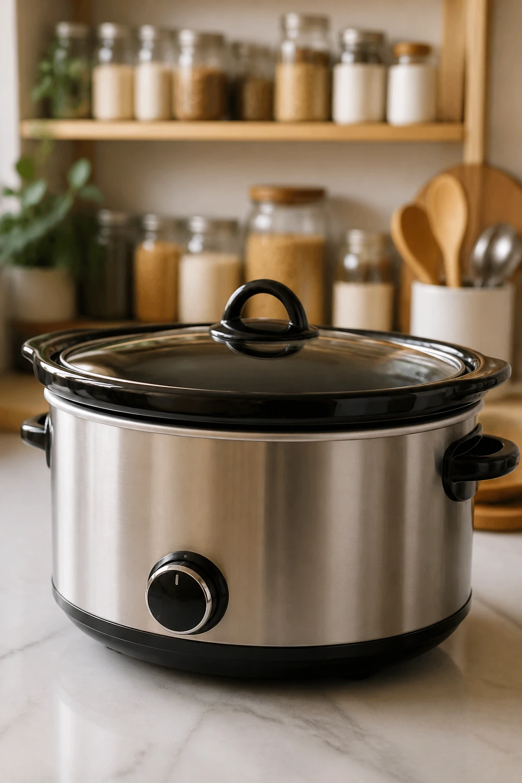 Close-up of a 6-quart slow cooker on a kitchen counter